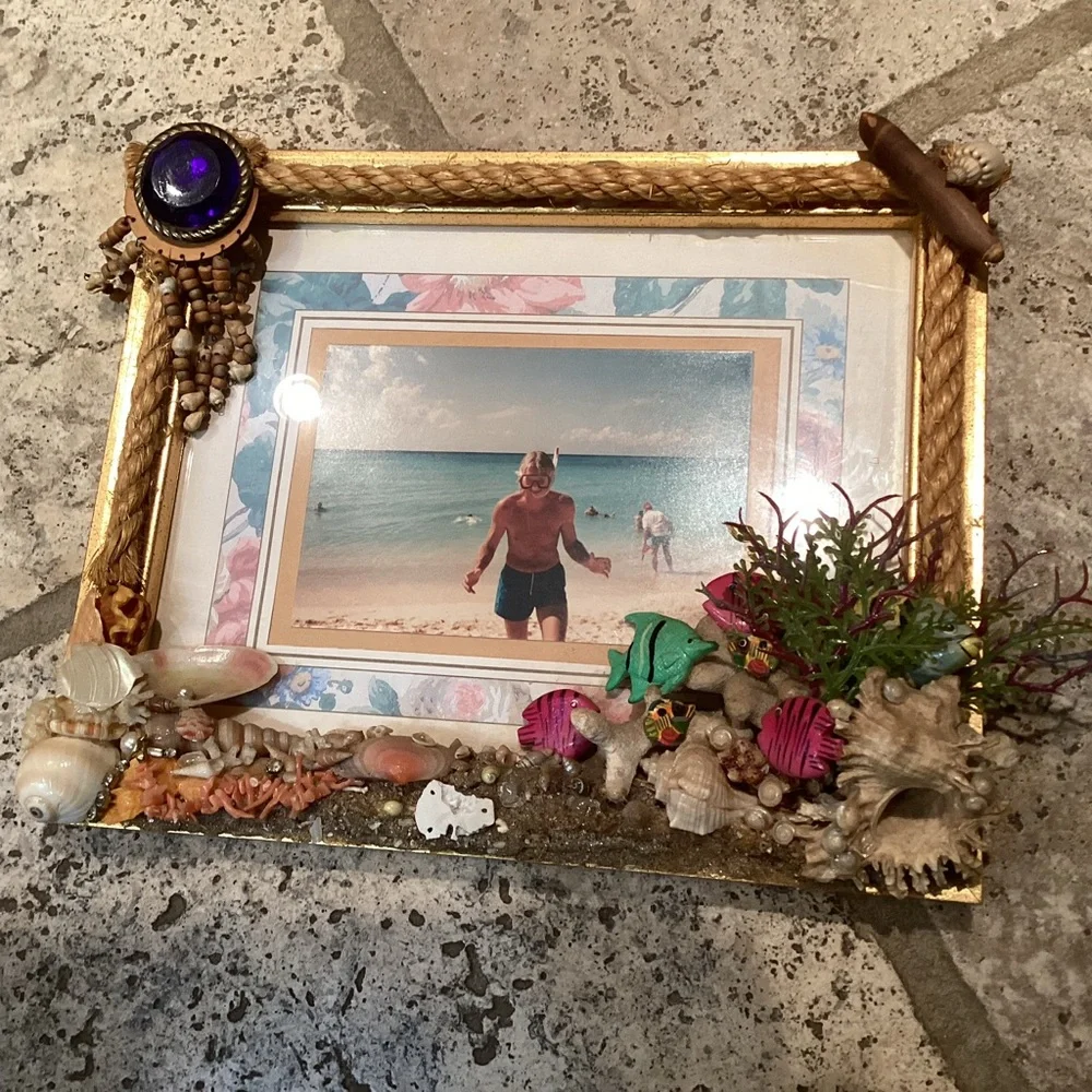 Island inspired handmade picture 3D frame fish, coral, shells and bling